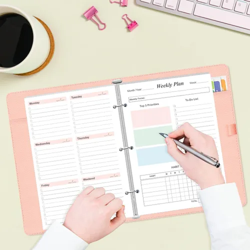 Vista 7 de Recambios de planificador semanal tamaño media carta para encuadernadores mini de 3 anillas - 53 hojas/106 páginas. Planificador semanal sin fecha