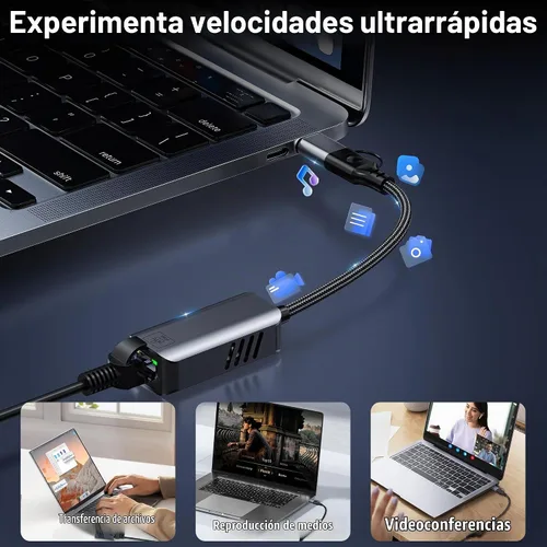 Vista 4 de Adaptador USB C a Ethernet de 5 Gbps, USB-A y USB-C a RJ45 LAN 5000 Mbps convertidor de red con cable, adaptador USB a Ethernet compatible
