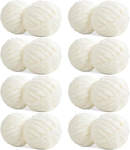 Vista 12 de HOMBYS 4 hilos de felpilla gruesos color crema + 4 caqui para tejer a mano, hilo de ganchillo suave y esponjoso, hilo grande súper voluminoso
