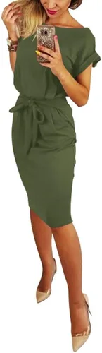 Vista 4 de Vestido modesto de manga corta para mujer, elegante vestido de longitud media con cinturón