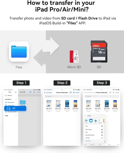 Vista 7 de BnmxTek Lector de Tarjetas SD para iPhone, Adaptador de Tarjeta SD con Conector Dual Lightning y USB-C para iPhone 5-14, iPhone 15 con USB-C, iPad