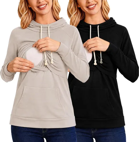 Vista 11 de Liu & Qu - Sudadera con capucha para lactancia de mujer, manga larga, con bolsillo, ropa casual 1.gris