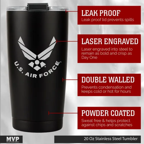 Vista 2 de Military Gift Shop - Vaso de 20 onzas de la Fuerza Aérea, taza de café de acero inoxidable de doble pared con tapa Regalos de la Fuerza Aérea