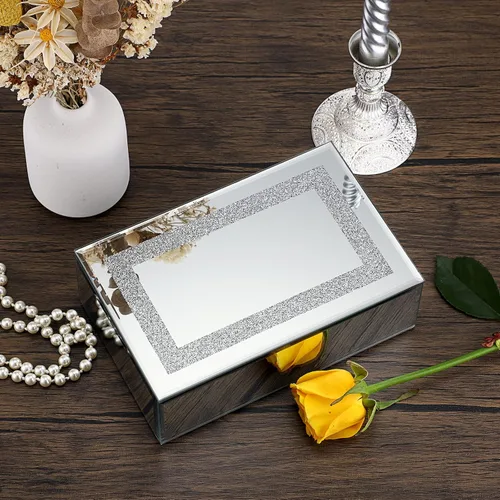 Vista 2 de Hipiwe Joyero de cristal con espejo con decoración de diamante triturado, organizador grande de baratijas, caja de tesoro, anillos, aretes, collar