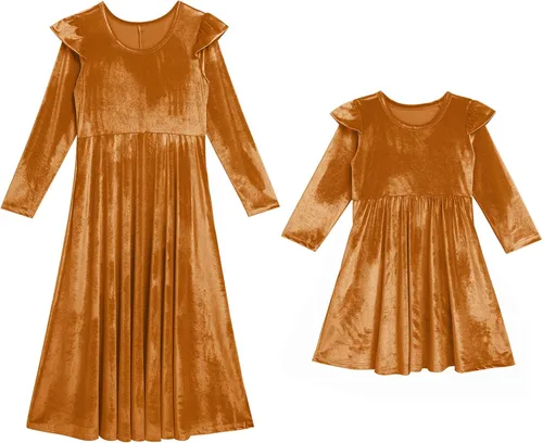 Vista 3 de Mommy and Me Vestido de Volantes de Manga Larga Casual Fiesta de Navidad Vestido de Terciopelo Madre Hija de la Familia a juego Vestido de Ropa