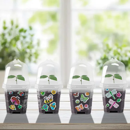 Vista 4 de EBaokuup 10 macetas transparentes para vivero de plantas con cúpula de humedad, maceta de plástico reutilizable de 3 pulgadas con etiquetas