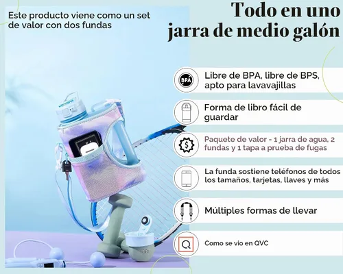 Vista 3 de H2O Capsule Paquete económico de botella de agua cuadrada de medio galón, botella de agua de 2.2 L con correa, 2 fundas, tapa con popote cubierta