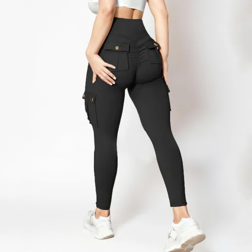 Vista 6 de Ayolanni Women High Waist Yoga Leggings Butt Lifting Tummy Control Solid Cargo Tights with Button Porkets for Jogging Workout