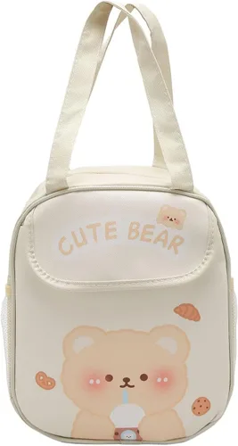 Vista 7 de TOPINCN Lonchera gruesa de gran capacidad, bonitas bolsas de almuerzo con patrón de dibujos animados con asa para picnic (oso de té con leche beige)
