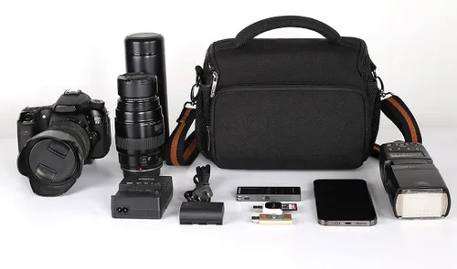 Vista 5 de DOMISO Bolsa para cámara Bolsa de hombro resistente al agua, color negro Bolsa portátil multifunción para fotografía, DSLR/SLR/SLR/sin espejo