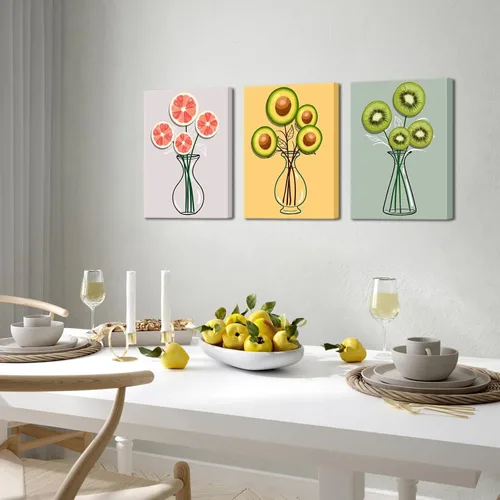 Vista 4 de Biuteawal Lienzo de frutas para pared, kiwis, pomelo en botella, florero, imagen, rosa, amarillo, verde, pintura, naturaleza muerta, obra de arte