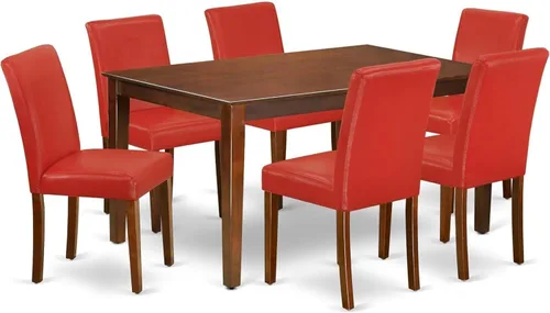 Vista 16 de HomeStock El juego de mesa de comedor moderno de 7 piezas consta de una mesa rectangular de madera y 6 sillas tapizadas de tela de lino café, 36 x