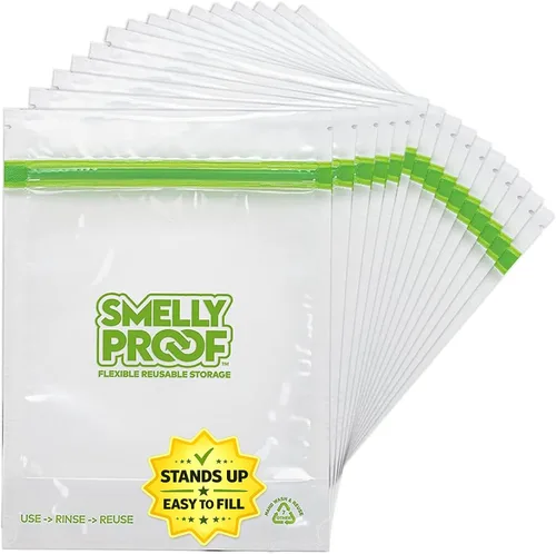 Vista 10 de Smelly Proof 50 bolsas reutilizables de almacenamiento de alimentos expandibles de pie y relleno, fabricadas en Estados Unidos, sin PEVA ni BPA