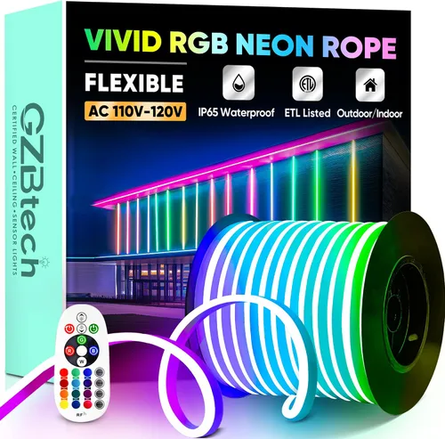 Vista 34 de GZBtech Tira de luces LED flexibles de neón de 16.4 pies, tira de luz impermeable CA de 110-120 V, 120 LEDs/M, iluminación de neón conectable