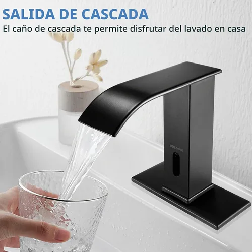 Vista 3 de Grifo de baño sin contacto, llave de cascada con sensor automático, lavabo moderno de acero inoxidable mate negro, llave de lavabo con sensor