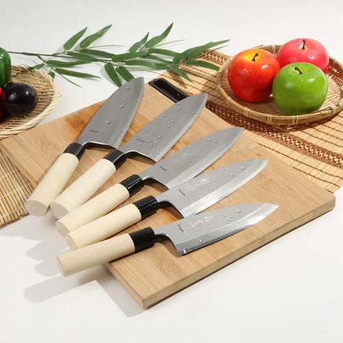 Vista 7 de Filete japonés de sushi mejor cuchillo de chef afilado Kigami (acero amarillo)-No.2 mango de madera de magnolia en forma de D, Deba 7.7 pulgadas
