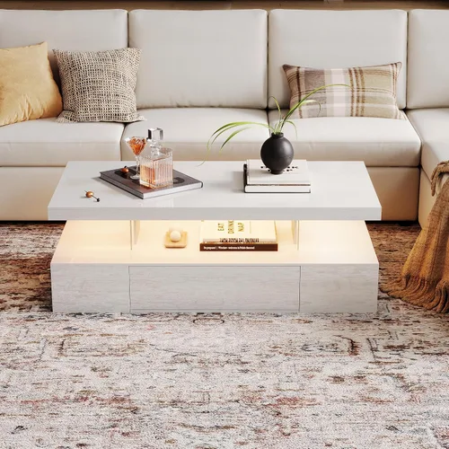 Vista 3 de ChooChoo Mesa de centro moderna con LED, mesa central de alto brillo con cajón, mesa auxiliar rectangular con almacenamiento para sala de estar