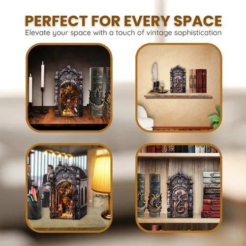 Vista 6 de Kit de rincón de libros de bricolaje con luces LED, rompecabezas de madera 3D para adultos (laberinto del tesoro del dragón)