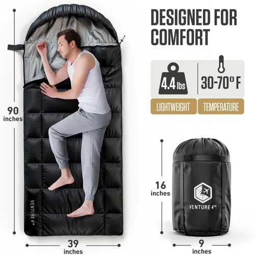 Vista 2 de VENTURE 4TH Saco de dormir para mochileros – XXL, tamaños dobles e individuales – Saco de dormir ligero para clima cálido y frío para adultos, niños
