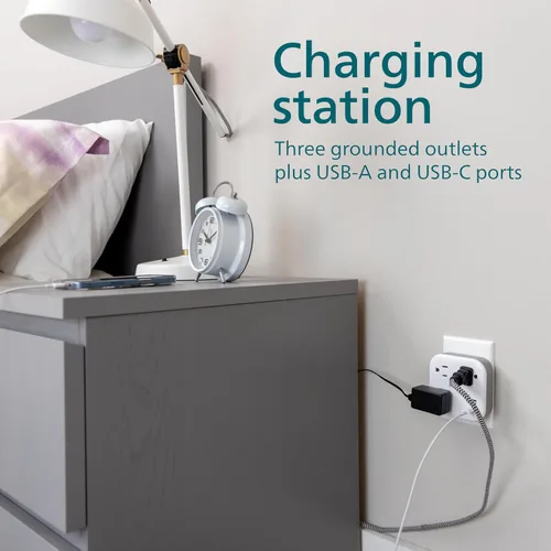 Vista 4 de Philips EZFit Extensor de Tomacorriente con Protección contra Sobretensiones de 3 Salidas con USB, 1 USB-A, 1 USB-C, Espaciado para Adaptadores