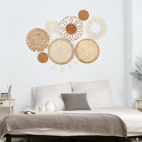Vista 4 de Marsui Juego de 8 colgantes de pared bohemios, ratán tejido, cestas de bambú con borlas de macramé y tapiz para dormitorio, sala de estar