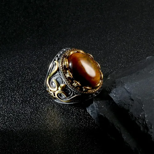Vista 6 de Dochais Anillo retro grande de piedra de ojo de tigre para hombre, anillo vintage turquesa para hombre, anillo ovalado de acero inoxidable