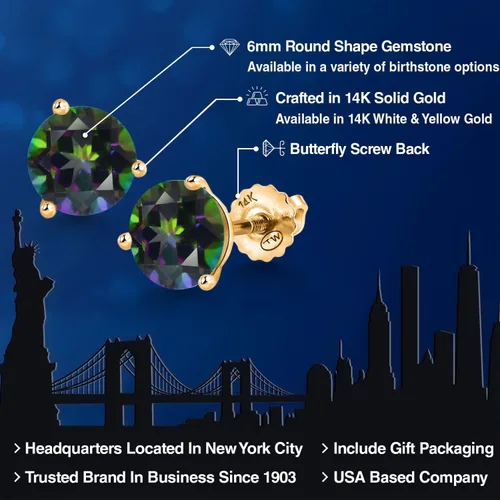 Vista 151 de Gem Stone King Aretes de Martini de oro amarillo de 14 quilates Aretes de tuerca de 3 puntas para mujeres y hombres Redondos de 0.236 pulgadas