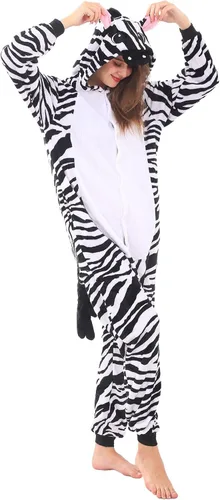 Vista 4 de WAFUNNE Pijamas de animales para adultos, disfraces de una pieza para hombres, mujeres, unisex, adolescentes, cebra