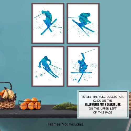 Vista 7 de Juego de impresiones artísticas de acuarela de esquí Freestyle – Bonita decoración del hogar para niños, adolescentes, dormitorios de niños, estudio