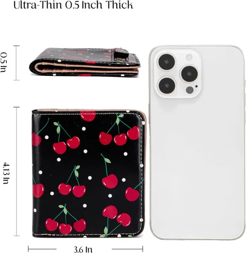 Vista 2 de Walle Rfid - Cartera pequeña y compacta con bolsillo plegable para mujer, minicarjetero de viaje con ventana de identificación, Cereza Negra, Lindo