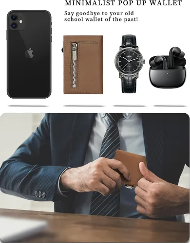 Vista 6 de Billetera AirTag para hombre con bloqueo RFID, K,Bifold-marrón-cremallera