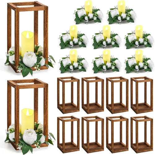 Vista 10 de Sabary 30 linternas de eucalipto para boda, centro de mesa, incluye portavelas de madera, sin pilas, velas, coronas de rosas para decoración de mesa