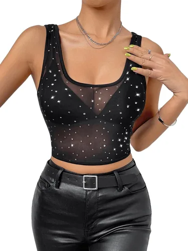 Vista 5 de Floerns Camiseta corta sin mangas de malla transparente con cuello redondo y diamantes de imitación para mujer