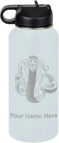 Vista 13 de LaserGram Botella de agua personalizada, serpiente de cobra, acero inoxidable de doble pared aislada al vacío con popote superior, regalo grabado