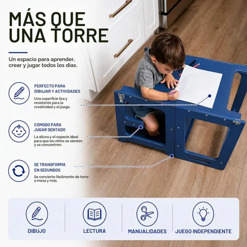 Vista 6 de Avenlur Date 4 en 1 Montessori - Taburete plegable de aprendizaje, escritorio, silla y pizarra Madera maciza, extra estable, rieles de seguridad