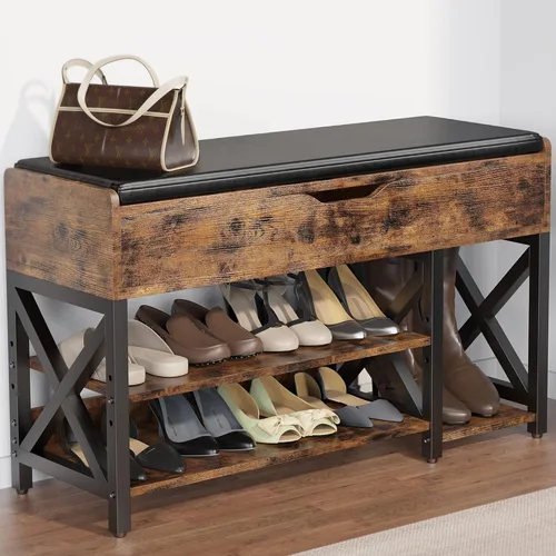 Vista 8 de Banco de zapatos, banco de almacenamiento de zapatos con parte superior elevadora, banco de entrada ajustable con cojín acolchado para entrada