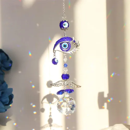Vista 3 de Atrapasoles azul colgante luz sombra jardín decoración campanillas de viento de cristal arco iris jardín colección sol bola cristal cortina