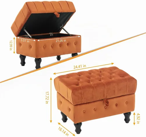Vista 6 de Mesa de Centro Otomana de Almacenamiento Rectangular, Reposapiés Otomana de Dormitorio con Tapicería de Terciopelo Abotonado Capitoné para Sala