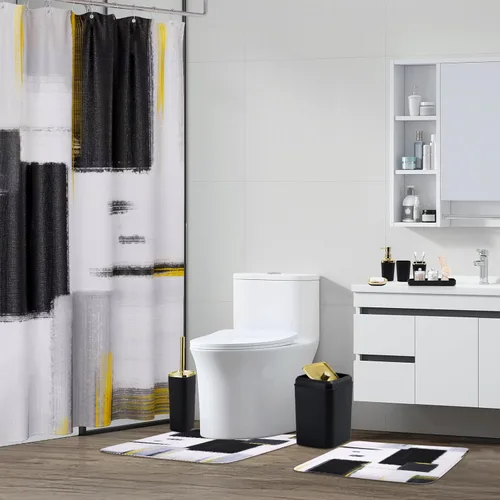 Vista 8 de XLHOMO Juego de baño – Juego de accesorios de baño negro, juegos de baño con cortina de ducha y alfombras, juego de cortina de ducha negra