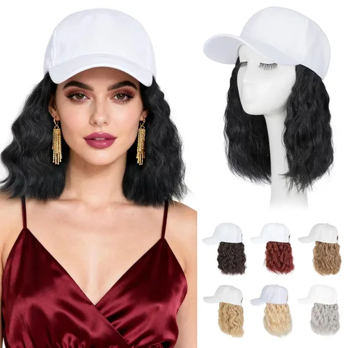 Vista 31 de Hairro Peluca de gorra de béisbol con cabello adjunto, corto estilo Bob ajustable, extensiones de cabello sintético para mujeres, balayage