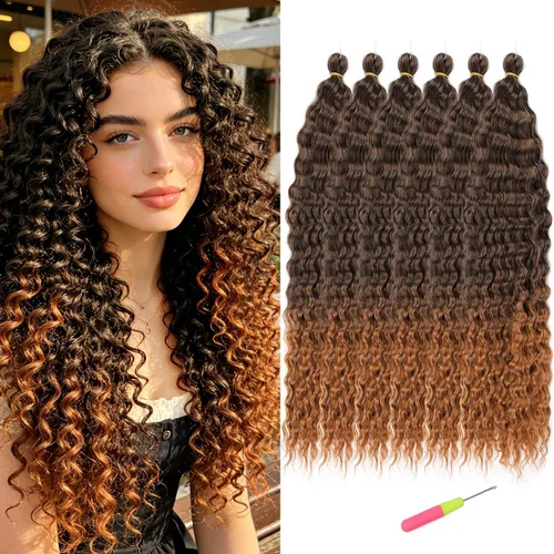 Vista 11 de Extensiones de cabello ondulado con ganchillo Ocean Wave de 18 pulgadas, 6 paquetes, extensiones de cabello de ganchillo sueltas de onda profunda #1B