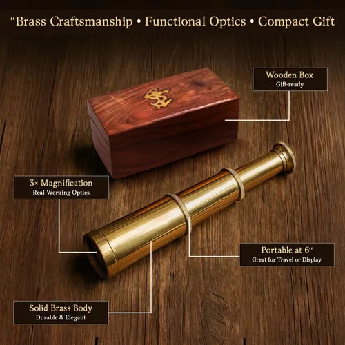 Vista 3 de Captains - Mini telescopio de mano de latón de 6 pulgadas con caja de madera coleccionables náuticos