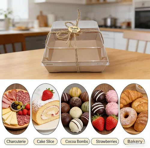 Vista 6 de Paquete de 40 cajas de papel para embutidos con tapas transparentes, 7 x 5 pulgadas, contenedor desechable marrón para panadería, cajas para llevar