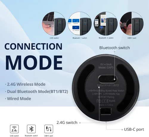 Vista 3 de Elegante mini ratón redondo con carrete de detección de presión, mouse inalámbrico ultra portátil conectividad: con cable, 2.4G y Bluetooth dual