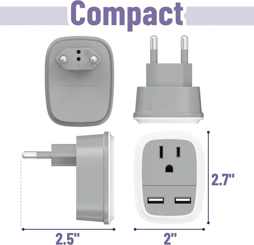 Vista 3 de Adaptador de viaje europeo Bates con USB - Adaptador de enchufe de EE. UU. a Europa para viajes