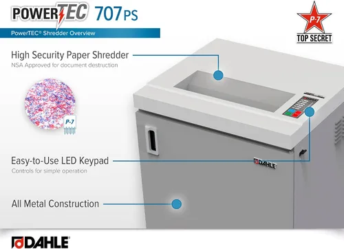 Vista 4 de Dahle PowerTEC 707 PS Paper Shredder, P-7 Super Micro Cut, NSA/CSS 02-01 for Top-Secret Documents, Jam Protection, Auto Oiler, 3.5 HP, 11 Sheet Max