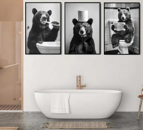 Vista 6 de Divertido lienzo de oso negro para baño, arte de pared moderno en blanco y negro, imágenes de adorable oso con impresiones de papel higiénico, obras