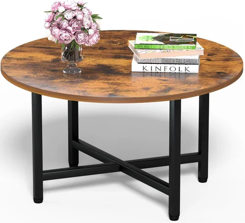Vista 15 de Mesa de Café FAMIDGE, Mesas de Café de 23.6" para Sala de Estar, Mesa de Café Redonda con Marco de Metal, Mesa de Piso para Sentarse en el Suelo
