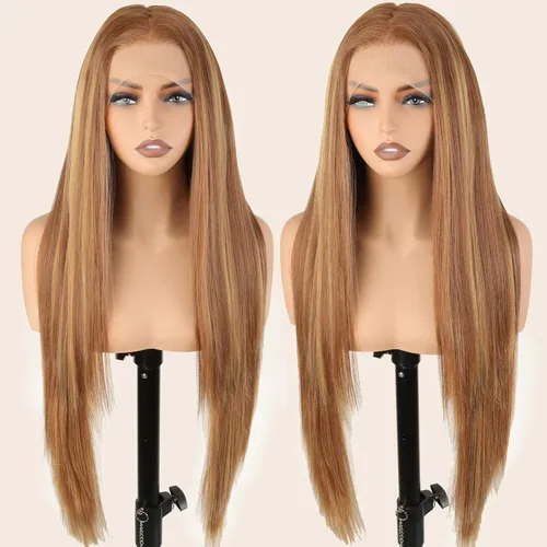 Vista 9 de SOKU 13x6 Peluca de encaje frontal HD transparente de 32" con cabello de bebé sintético pre-depilado resistente al calor de parte libre marrón