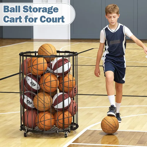 Vista 6 de Hencawima Garage Ball Storage: Round Sports Equipment Organizer with Wheels, Sports Ball Rack With Elastic Rope, Ball Holder for Basketball, Soccer